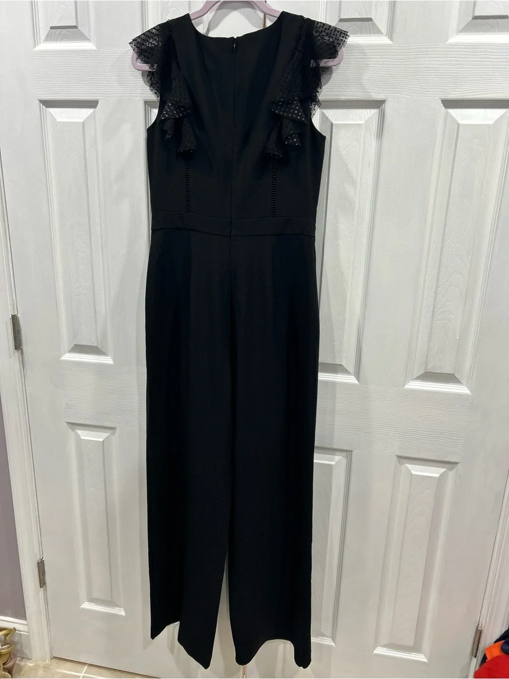 Eliza J Black V-Neck Ruffle-Shoulder Jumpsuit